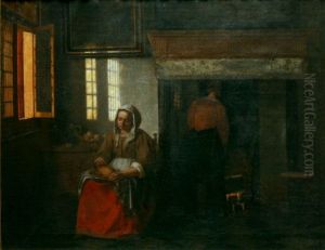 Interior with a woman plucking a duck by Pieter De Hooch