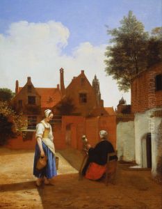 a Woman Spinning by Pieter De Hooch