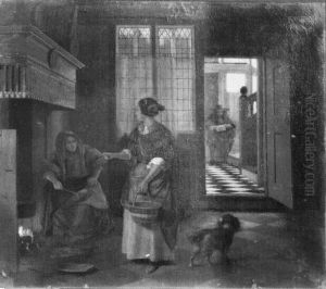 Interieur met twee pratende vrouwen, een man en een hond by Pieter De Hooch