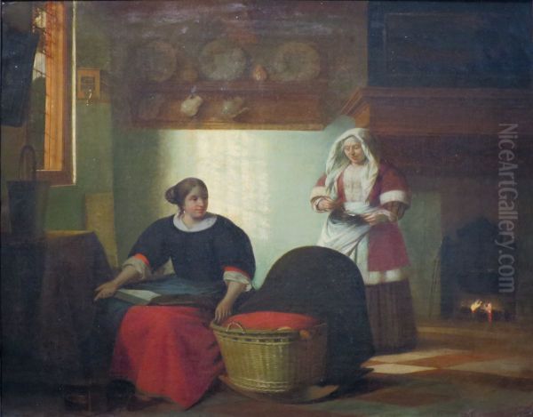 Interior with two women at a cradle - view 1