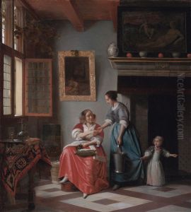 Interior with a young woman giving a coin to a maid by Pieter De Hooch