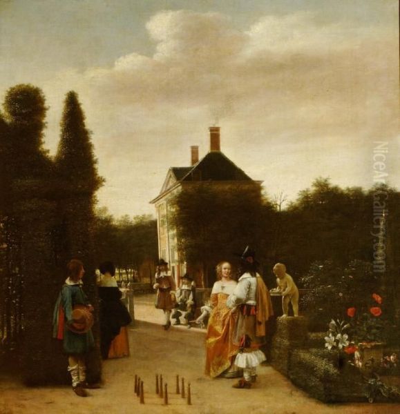 Skittle players in a garden near a manor - view 1