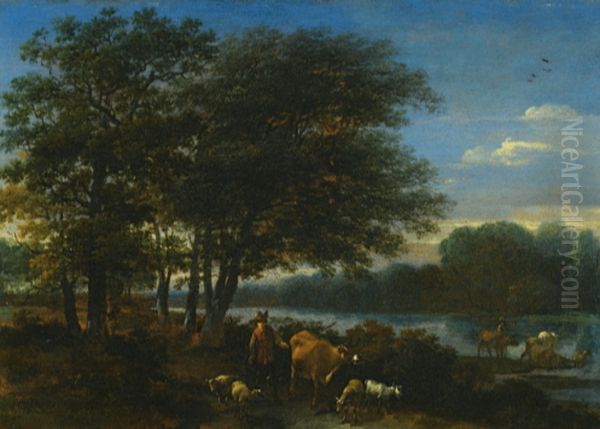 A brosky river landscape with herders and animals - view 1