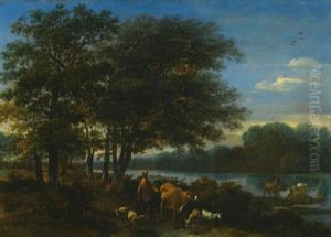 A brosky river landscape with herders and animals by Nicolaes Pieterszoon Berchem