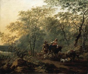 Boslandschap met vrouw op een os, een veedrijver met enkele dieren en een ezel by Nicolaes Pieterszoon Berchem