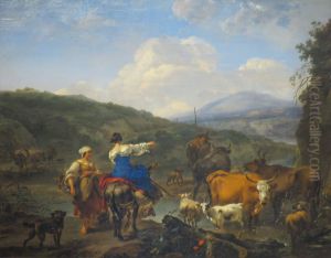 Cattle at a wattering place by Nicolaes Pieterszoon Berchem