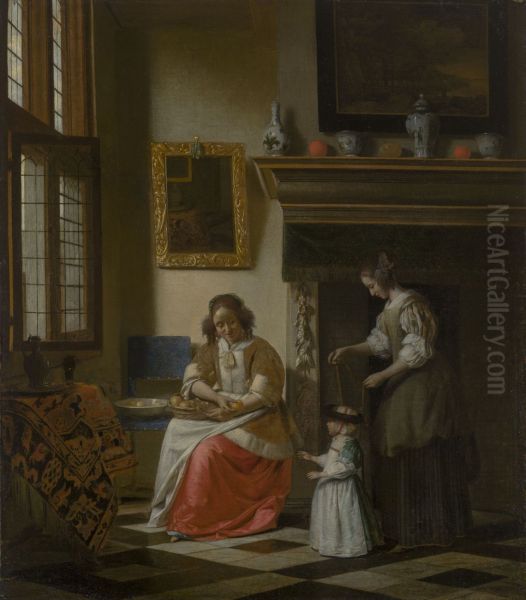 Two women teaching a child to walk in an interior - view 1