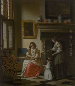 Two women teaching a child to walk in an interior Two women teaching a child to walk in an interior
