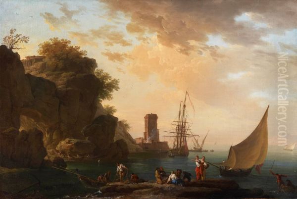 An Inlet near Naples with a Castle and Fisherfolk - view 1