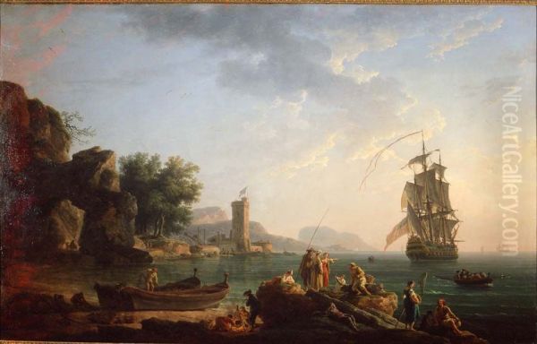 Coast scene with British man of war - view 1