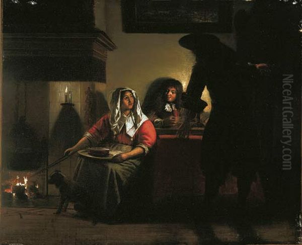Interior with Two Gentleman and a Woman Beside a Fire - view 1