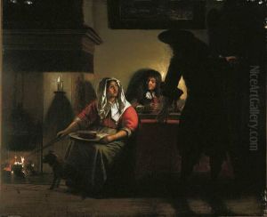 Interior with Two Gentleman and a Woman Beside a Fire by Pieter De Hooch