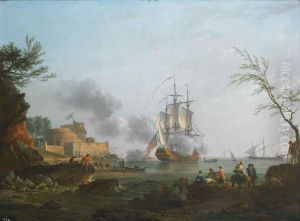 The entrance to a harbor with a ship firing a salute