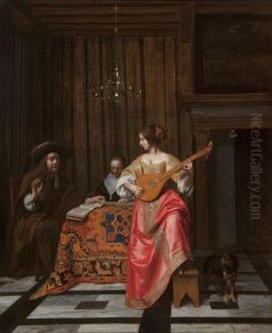 Woman playing the cithern and a couple singing in a distinguished interior by Pieter De Hooch