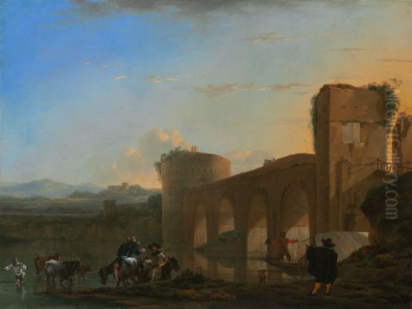 The Tiber River with the Ponte Molle at Sunset - view 1