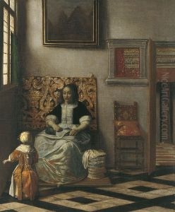 A Couple Making Music at a Table, with a Serving Girl by Pieter De Hooch