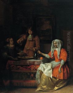 Company in an interior eating oysters by Pieter De Hooch