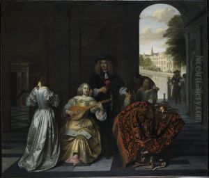 Elegant company in a distinguished interior by Pieter De Hooch