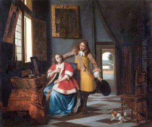 Interior with a woman at her toilet and a man who takes off his hat by Pieter De Hooch