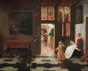 Woman reading and a child in an interior by Pieter De Hooch