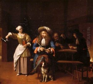 Tavern Scene, with Serving-wench, Gentleman with Pipe and Dog and Card Players by Pieter De Hooch