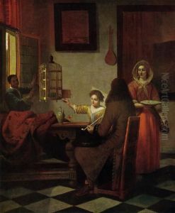 Company with a black page and a woman feeding a parrot