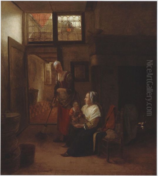 Interior with mother and child and a maid sweeping - view 1