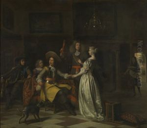 Merry company with a trumpet player in a distinguished interior by Pieter De Hooch