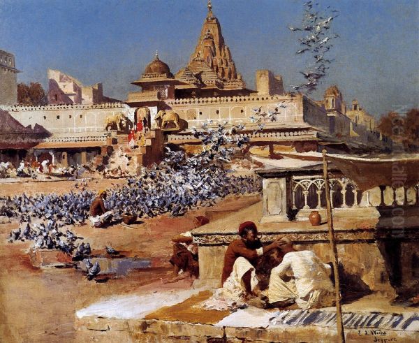 Feeding the sacred pigeons - view 1