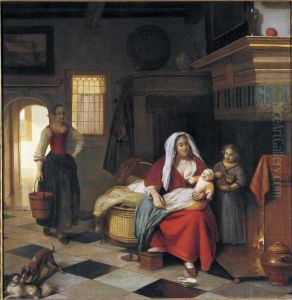 A mother with two children and a maid with a pail by a fireplace by Pieter De Hooch