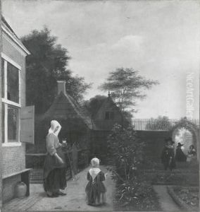 Haus mit Garten und Figuren by Pieter De Hooch