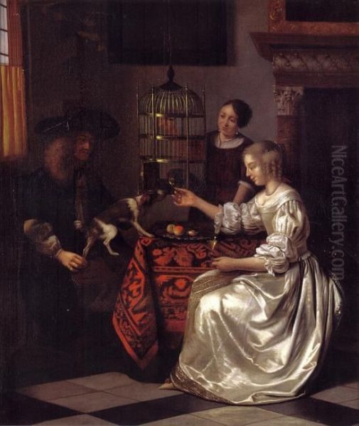 Young woman feeding a parrot in the company of a man and a maid - view 1