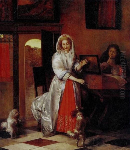 Young couple playing music in an interior with two dancing dogs - view 1