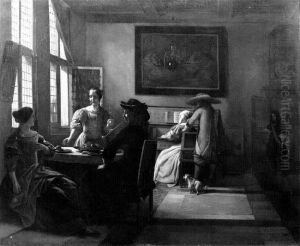 Elegant company with a woman at a virginal in a distinguished interior by Pieter De Hooch