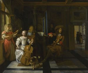Musical company in an interior by Pieter De Hooch