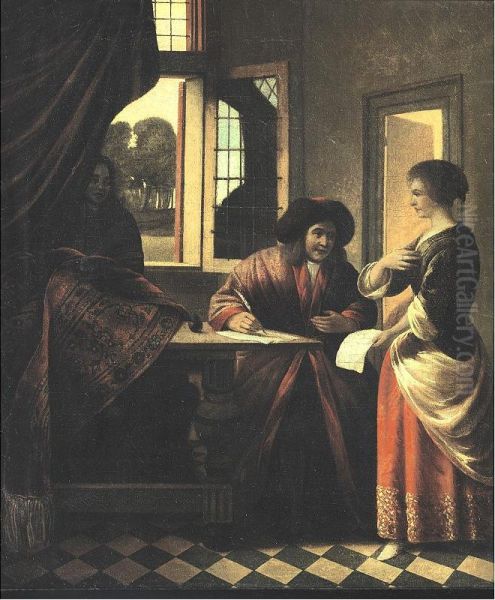 A Woman Standing before a Man Seated at a Table - view 1