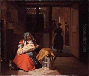 Interieur van een voorhuis met een jonge vrouw met een baby by Pieter De Hooch