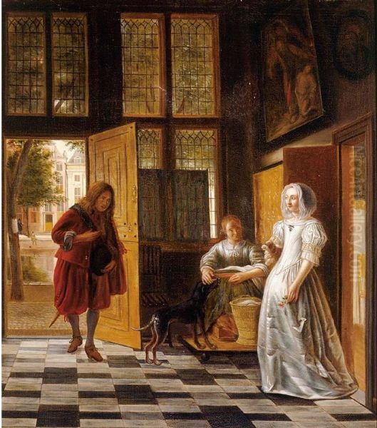 Woman receiving a man at the door, a view of the Vincentiushuis beyond (Kloveniersburgwal 95, Amsterdam) - view 1