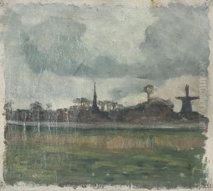 Landschap met molen en kerk by Theo van Doesburg