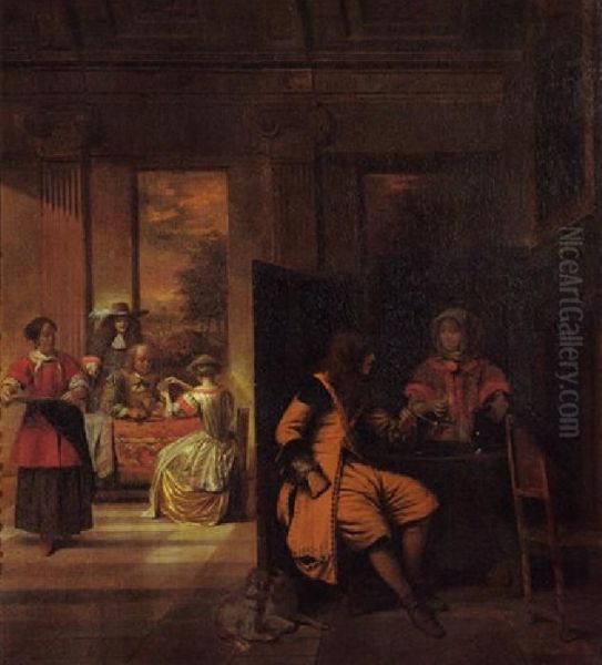 Gezelschap in een rijk interieur, zich vermakend met kaartspel, roken en drinken - view 1