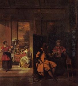 A man and a serving woman behind a screen, with card players beyond in a neoclassical interior by Pieter De Hooch