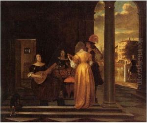 Musicerend gezelschap op een veranda by Pieter De Hooch
