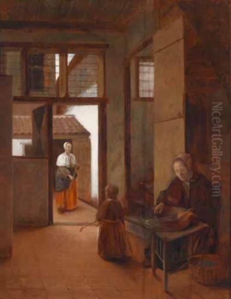 Interior with a woman and a child; outside a maid is sweeping the yard - view 1