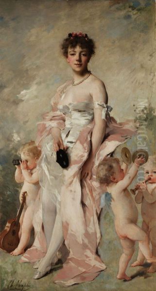 Young woman in ball dress with putti. - view 1