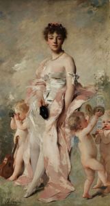 Young woman in ball dress with putti. Young woman in ball dress with putti.