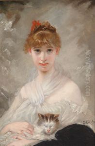 Madchen mit weissem Tuch und Katze im Arm