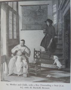 A mother and her child and a boy descending a stair by Pieter De Hooch