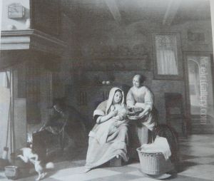 A Woman and Child with a Serving Woman with Asparagus, and a Man by a Fireplace