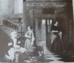 A Woman Paying a Girl and a Woman Sweeping