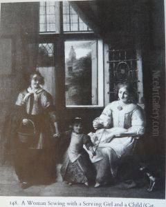 A Woman Sewing with a Serving Girl and a Child by Pieter De Hooch